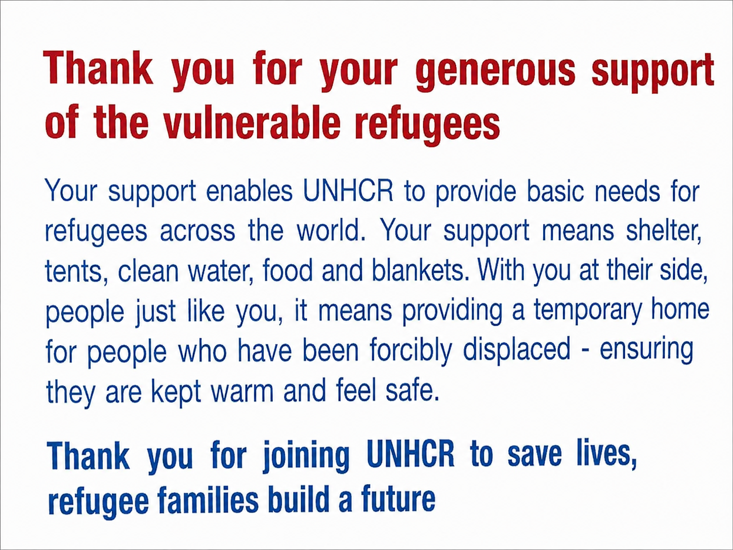 UNHCR thank-you message acknowledging support for vulnerable refugees