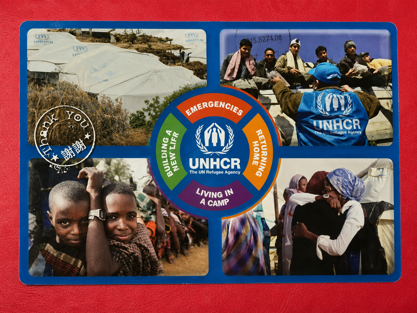 UNHCR refugee support card showing humanitarian protection and assistance themes